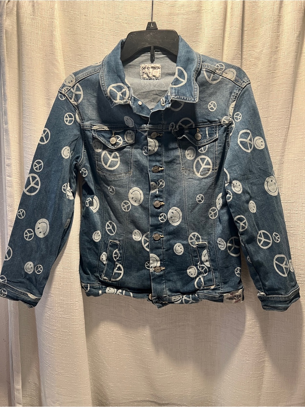 Justice Blue Denim Jacket with White Peace & Smiley Prints  X-SIZE LARGE 14-16